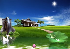 月色荷塘风景PSD素材